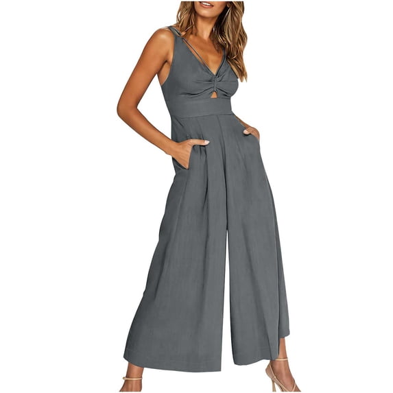 JGTDBPO Jumpsuits For Women Casual Strap Jumpers Summer Rompers Sleeveless Loose High Waist Wide Leg Overalls With Pockets
