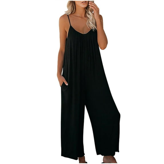 JGTDBPO Jumpsuits for Women Casual Sleeveless Spaghetti Strap Rompers Boho Wide Leg Jumpsuits Baggy Overalls Jumpers with Pockets Dressy Trendy Outfits Clothes 2025