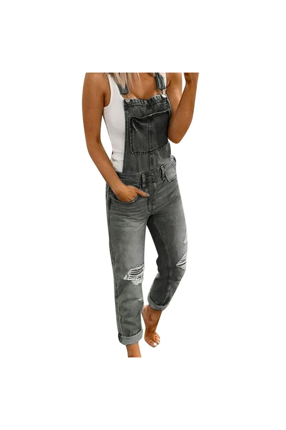 Jumpsuits For Women Casual Summer Distressed Jeans Bib Overalls Rompers Skinny Double Shoulder Strap Ripped Long Pants Denim Jumpsuits Overalls