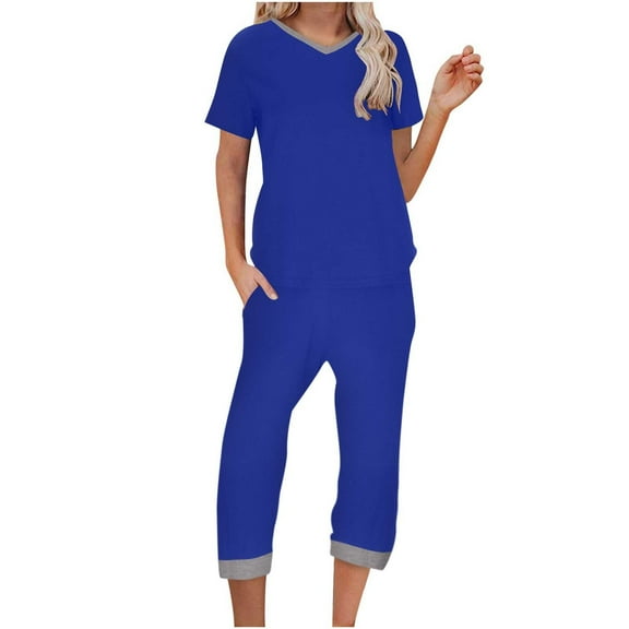 JGTDBPO Lounge Sets for Women Short Sleeve V-Neck Sleepwear Tops And Cropped Trousers Wide Leg Pants Loose Capri Pajama Set 2 Piece Pj Sets Outfits