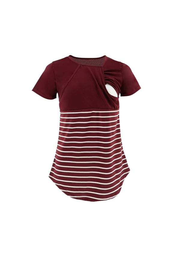 Maternity Shirts For Women Pregnancy Casual Nursing Tunic Blouse Top Round Neck Stripe Print Short Sleeve Double Laye Breastfeeding Maternity Blouses Mama Shirts Basic Tee
