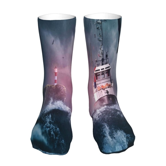 Xecao Boat Lighthouse Storm Waves Print Fashion No Heel Casual Crew Socks Cushioned Breathable for Men Women - Moisture wicking,Not easy to fade Suitable for daily