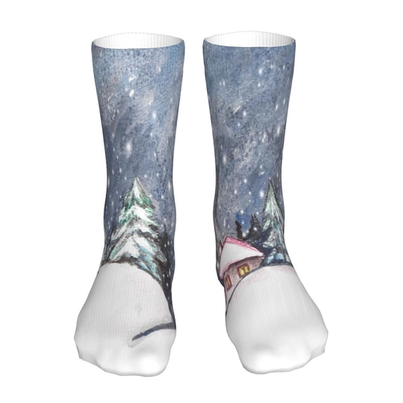 Xecao Watercolor Winter Landscape For Christmas Print Fashion No Heel Casual Crew Socks Cushioned Breathable for Men Women - Moisture wicking,Not easy to fade Suitable for daily