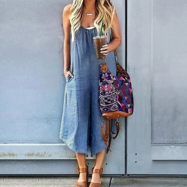 JGTDBPO Overalls Casual Loose Denim Jumpsuits For Women Straight Wide Leg Stretchy Jean Pants Stretch Adjustable Denim Bib Overalls Jeans Pants Sleeveless Jumpsuits