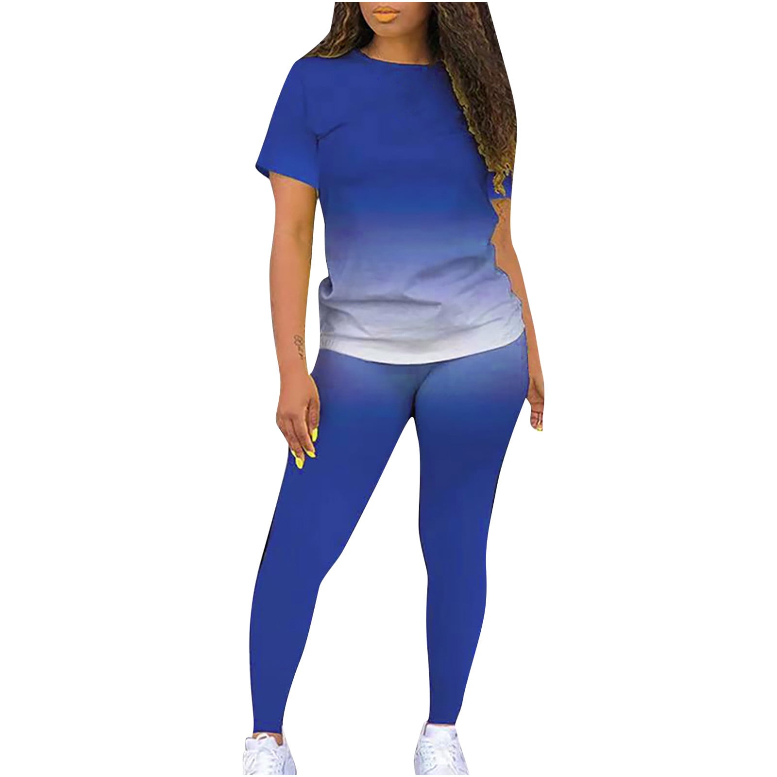 JGTDBPO Plus Size 2 Piece Outfits For Women Casual Gradient Short Sleeve T- Shirt And Lightweight Workout Outdoor Athletic Track Travel Lounge Joggers  Pants 