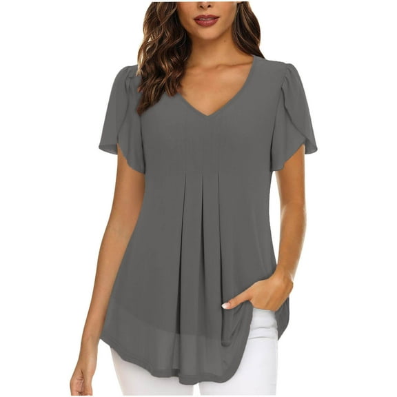 JGTDBPO Plus Size Summer Tops for Women Dressy Chiffon Blouses Short Sleeve V Neck Loose Pleated Blouses Tunic Tops for Leggings Casual T-Shirts