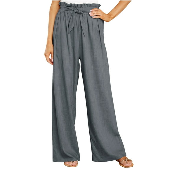 JGTDBPO Plus Size Wide Leg Linen Pants For Women With Drawstring Pocket Elastic Waist Loose Cotton Linen Palazzo Pants Lightweight Long Pants
