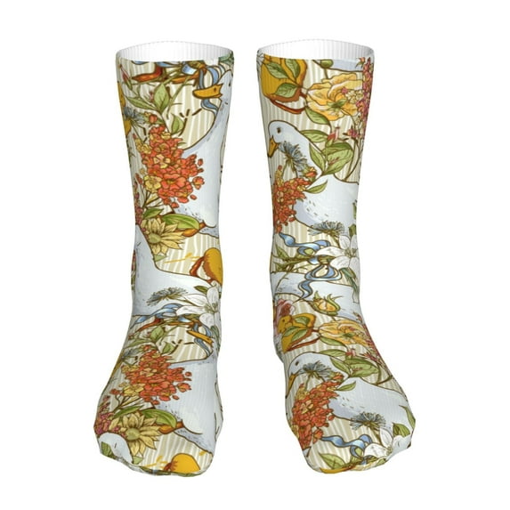 Xecao Ducks and Flowers Print Fashion No Heel Casual Crew Socks Cushioned Breathable for Men Women - Moisture wicking,Not easy to fade Suitable for daily