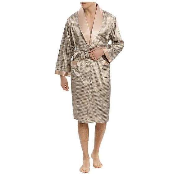 JGTDBPO Robes For Men Lace Up Solid Color Belt Pocket Imitation Silk Homewear Long Night Gown Bathrobe Pajama Household Sashes Loungewear Clothes Loose Cardigan Bathrobe Long Pajama Robe