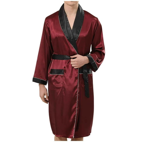 fheaev Robes For Men Lace Up Color Matching Belt Pocket Imitation Silk Home Long Night Gown Bathrobe Pajama Household Sashes Clothes Bathrobe Long Pajama Robe Shorts