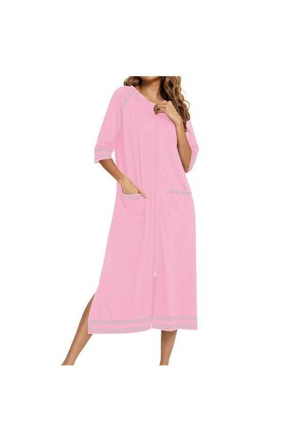 Robes for Women Zipper Robe 3/4 Sleeve Nightgown Sleepwear Full Length Duster Housecoats Loungewear with Pockets Loose Pajamas