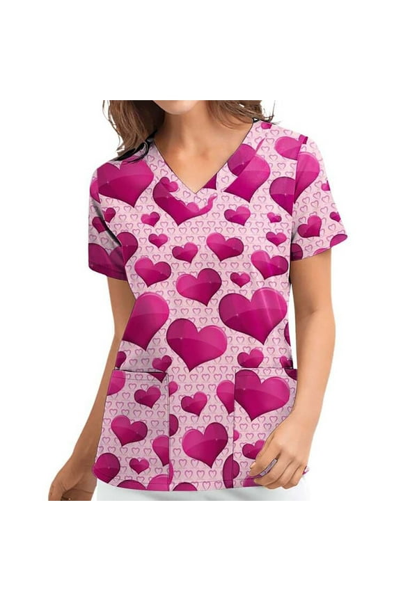 Scrubs Top For Women V-Neck Workwear Soft Stretch Easy Care With Pocket Print Pullover Blouse Short Sleeve Working Uniform Tops Medical Scrub Shirts