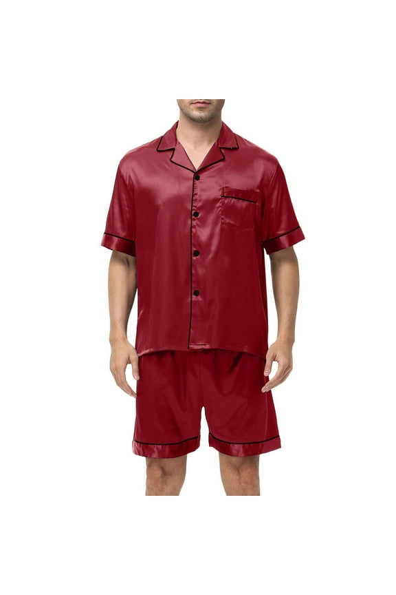 Silk Satin Pajamas Set for Men 2 Piece Lounge Set Short Sleeve Loungewear Pajamas Sleepwear Button Down Tops And Long Pants Pjs Set with Pocket