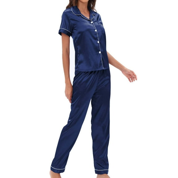 JGTDBPO Silk Satin Pajamas Set for Women Two-Piece Short Sleeve Shirt with Long Pajama Pant Set Soft Button Down Pjs Lounge Sets Loungewear Nightwear Pjs Sleepwear for Women Causal Home Wear