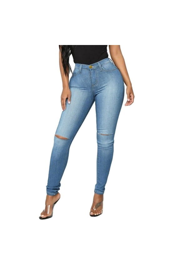 Slim Ripped Jeans For Women Ripped Jeans Distressed Straight Leg Jeans Jeggings Denim Pants With Pockets Casual High Waist Pull On Boyfriend Jeans Cut Out Button Denim Pants