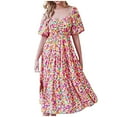 thumbnail image 1 of JGTDBPO Summer Dresses For Women 2023 Fashion Round Neck Short Sleeve Smocked Back Boho Floral Long Maxi Dress Swing Beach Dress Ankle Length Sun Beach Dresses, 1 of 6