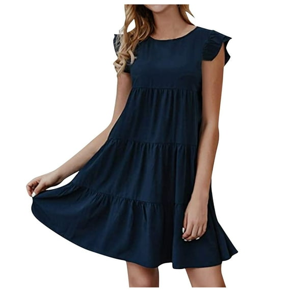 JGTDBPO Summer Dresses For Women Solid Color Jumpsuit Short Skirt Sexy Sleeveless Ruffle Sleeve Round Neck Solid Loose Short Flowy Pleated Mini Babydoll Dress