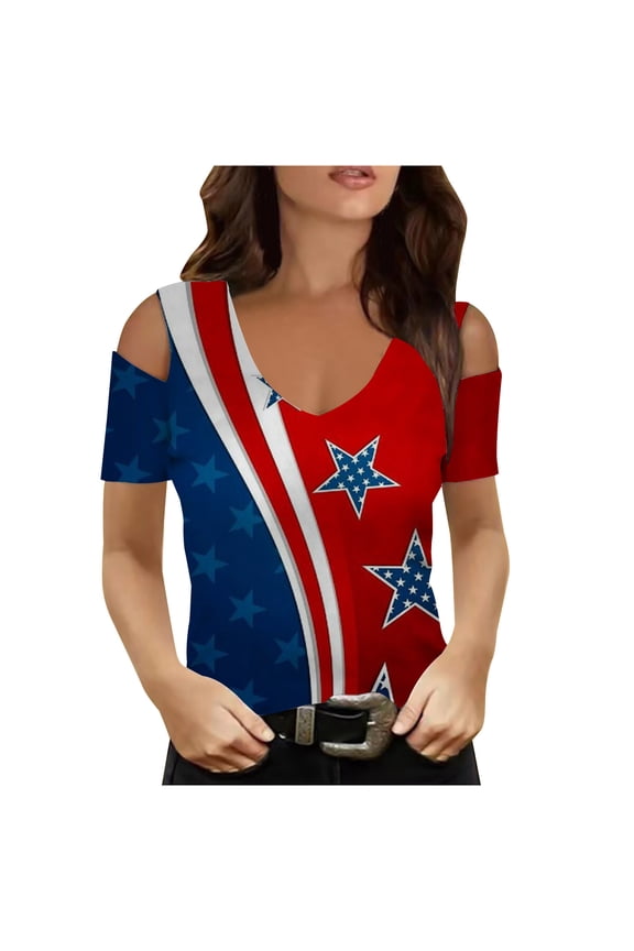 Independence Day T-Shirt For Women Plus Size Summer Tops In Red White And Blue Stylish Top Women's Summer V-Neck Casual Short Sleeve Print Strapless Blouse Top