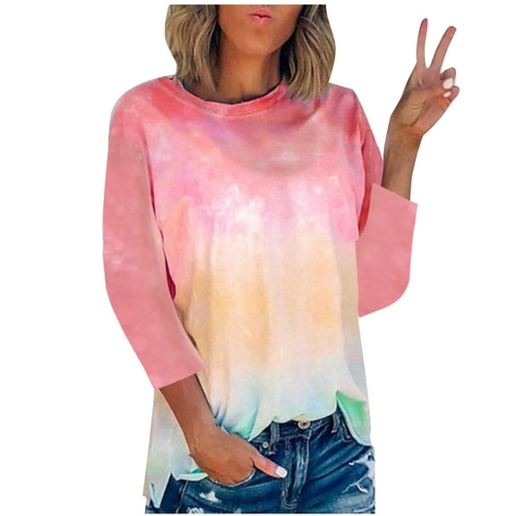 JGTDBPO Summer Tops For Women 2023 Trendy Crew Neck Tie-Dye Printed T Shirt Blouse Half Sleeve 3/4 Sleeve Casual Loose Basic Outing Pullover Sweatshirt Blouses Tops