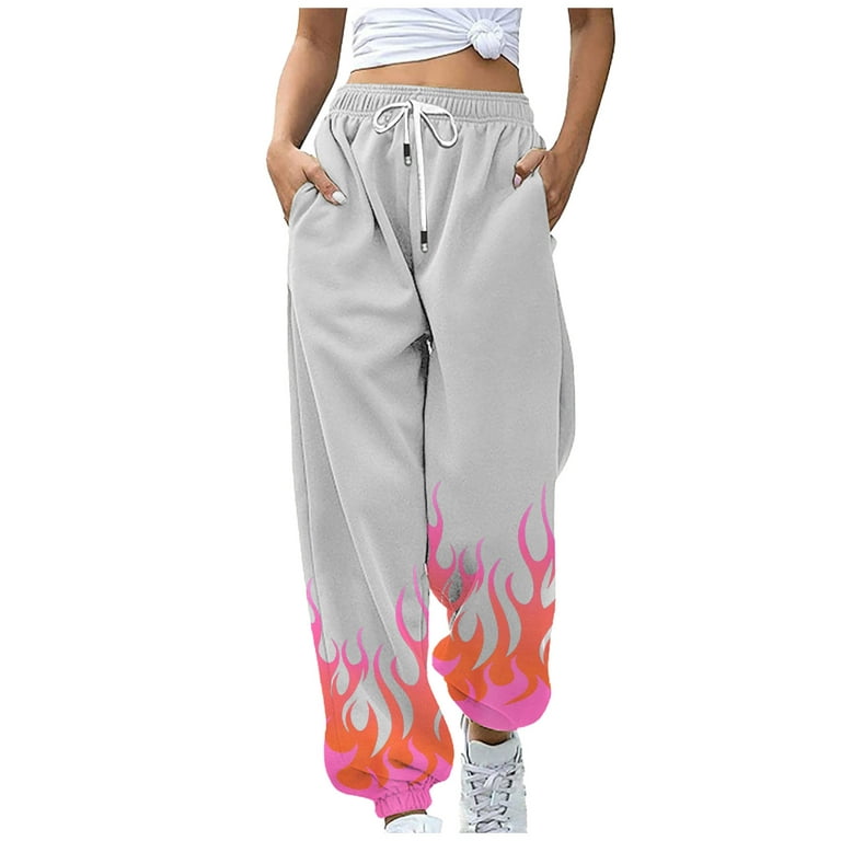 JGTDBPO Sweatpants For Women Baggy Lounge Ankle Banded Flame Printing Pants  Elastic Tie Waist High Waist Drawstring With Pockets Long Pants Sporty Gym