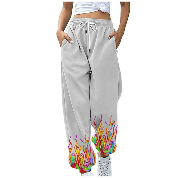 JGTDBPO Sweatpants For Women Baggy Lounge Ankle Banded Flame Printing Pants Elastic Tie Waist High Waist Drawstring With Pockets Long Pants Sporty Gym Athletic Fit Jogger Workout Cinch Bottom Trousers
