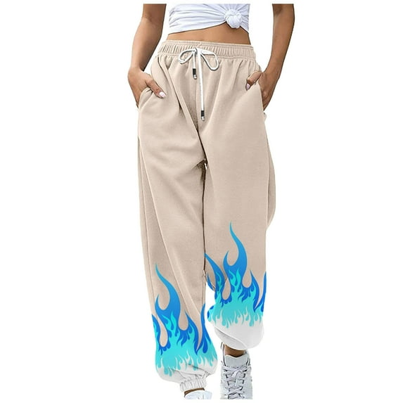 JGTDBPO Sweatpants For Women Baggy Lounge Ankle Banded Flame Printing Pants Elastic Tie Waist High Waist Drawstring With Pockets Long Pants Sporty Gym Athletic Fit Jogger Workout Cinch Bottom Trousers