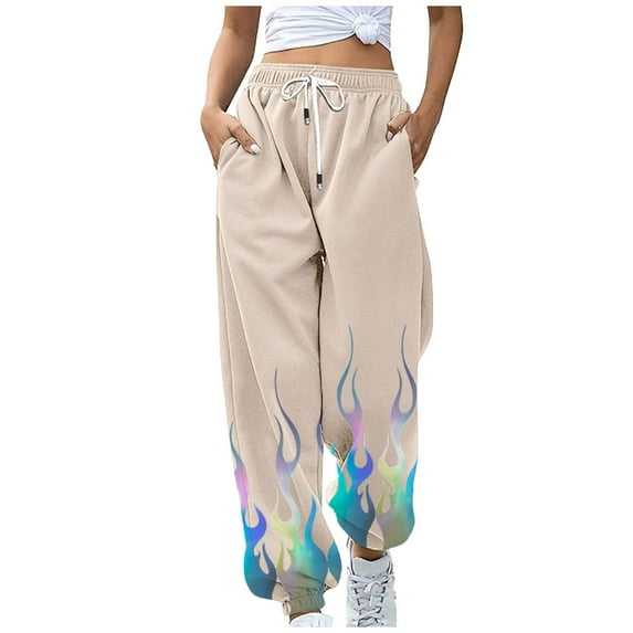JGTDBPO Sweatpants For Women Baggy Lounge Ankle Banded Flame Printing Pants Elastic Tie Waist High Waist Drawstring With Pockets Long Pants Sporty Gym Athletic Fit Jogger Workout Cinch Bottom Trousers