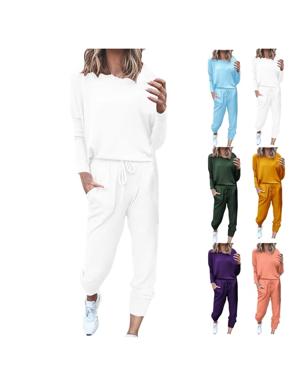 Sweatsuit Sets for Women 2 Piece Set Loose Jogger Sets Fall Outfits Sets Solid Pullover Tops Long Pants Tracksuits with Pockets