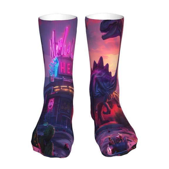 Xecao Western Style Dinosaur Print Fashion No Heel Casual Crew Socks Cushioned Breathable for Men Women - Moisture wicking,Not easy to fade Suitable for daily
