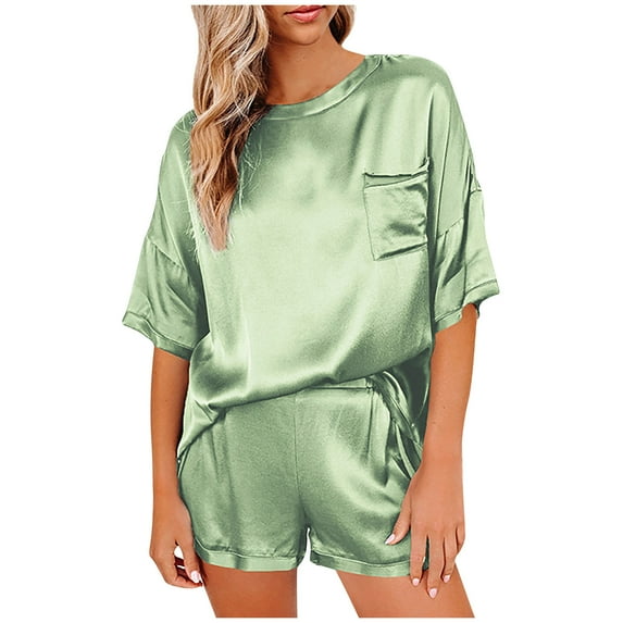JGTDBPO Two Piece Pajama Set For Women Short Sleeve Top And Shorts Sleepwear Lightweight Nightwear Soft Comfy Pjs Lounge Set Silk Satin Pajama For Women Causal Home Wear