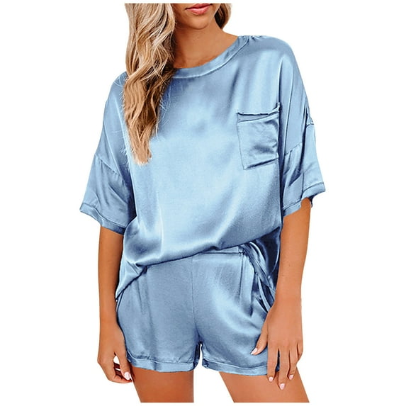 JGTDBPO Two Piece Pajama Set For Women Short Sleeve Top And Shorts Sleepwear Lightweight Nightwear Soft Comfy Pjs Lounge Set Silk Satin Pajama For Women Causal Home Wear