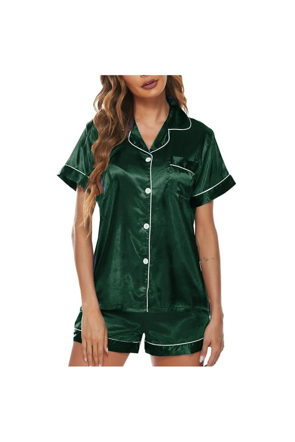 Two Piece Pajama Set For Women Shorts Set Short Sleeve Satin Sleepwear Button Down Pjs Set Silk Satin Short Pajama For Women Causal Home Wear