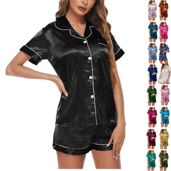 JGTDBPO Two Piece Pajama Set for Women Silk Satin Button Down Lapel Short Sleeve Sleepwear Shorts Pjs Set
