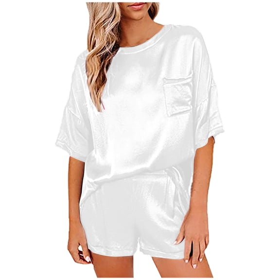 fheaev Two Piece Pajama Set For Women Short Sleeve Top And Shorts Sleep Lightweight Night Soft Comfy Pjs Set Silk Satin Pajama For Women Causal Home