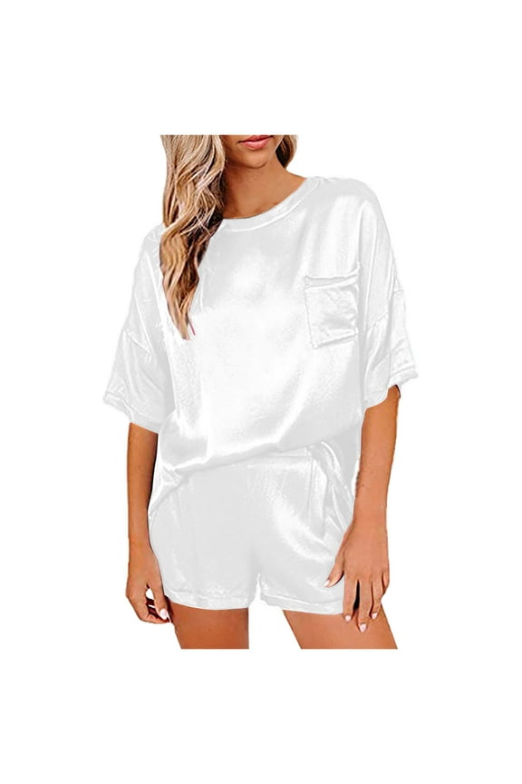 Two Piece Pajama Set For Women Short Sleeve Top And Shorts Sleep Lightweight Night Soft Comfy Pjs Set Silk Satin Pajama For Women Causal Home