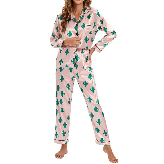 JGTDBPO Two Piece Pajamas Set For Womens Pjs Set Lapel Sleepwear Nightwear Solid Color Button Down Classic Long Sleeve Soft Sleepwear Lounge Household Trousers Pajama Set
