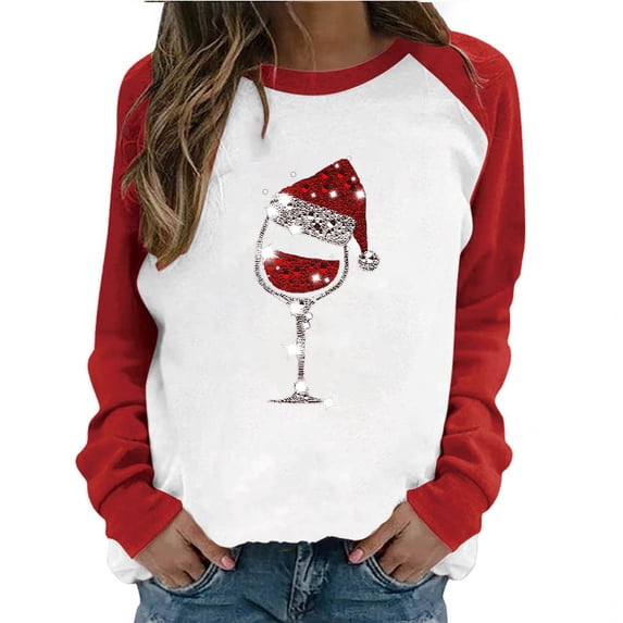 JGTDBPO Ugly Christmas Sweater For Women Funny Cute Tshirt Plus Size Pullover Red Wine Glass Patchwork Christmas Graphic Blouse Crew-Neck Long Sleeve Loose Sweatshirt