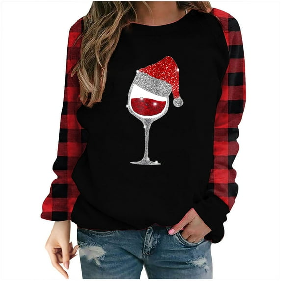 JGTDBPO Ugly Christmas Sweater For Women Funny Cute Tshirt Plus Size Pullover Sweartshirt Red Wine Glass Funny Christmas Graphic Blouse Crew-Neck Long Sleeve Loose Sweatshirt