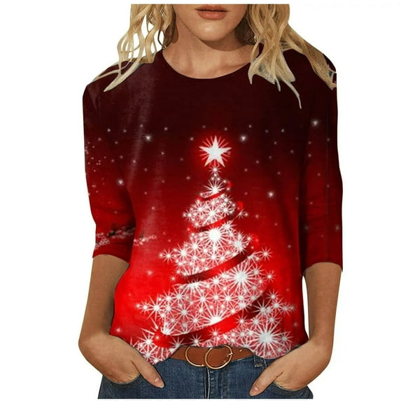 JGTDBPO Ugly Christmas Sweater for Women Light Up Shiny Xmas Tree Print 3/4 Sleeve Comfortable Round Neck Holiday Pullover Loose Blouse Top Hoodless Sweatshirts