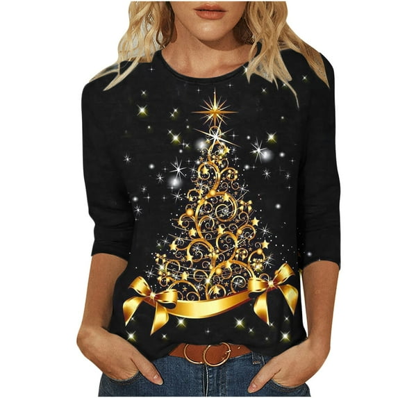 JGTDBPO Ugly Christmas Sweater for Women Light Up Shiny Xmas Tree Print 3/4 Sleeve Comfortable Round Neck Holiday Pullover Loose Blouse Top Hoodless Sweatshirts