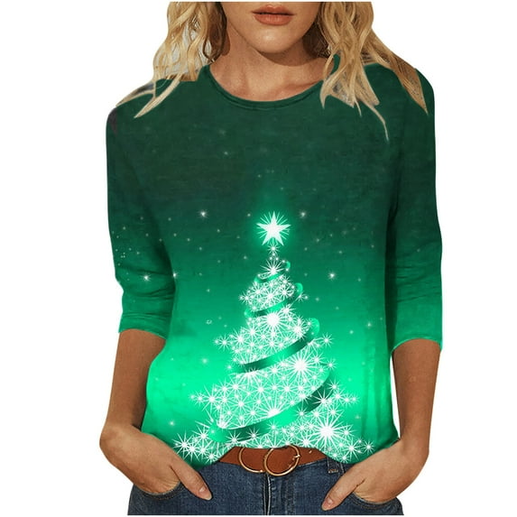 JGTDBPO Ugly Christmas Sweater for Women Light Up Shiny Xmas Tree Print 3/4 Sleeve Comfortable Round Neck Holiday Pullover Loose Blouse Top Hoodless Sweatshirts