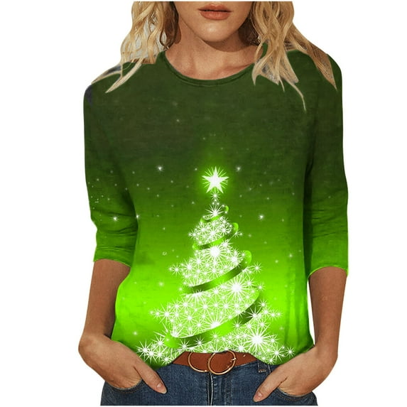 JGTDBPO Ugly Christmas Sweater for Women Light Up Shiny Xmas Tree Print 3/4 Sleeve Comfortable Round Neck Holiday Pullover Loose Blouse Top Hoodless Sweatshirts
