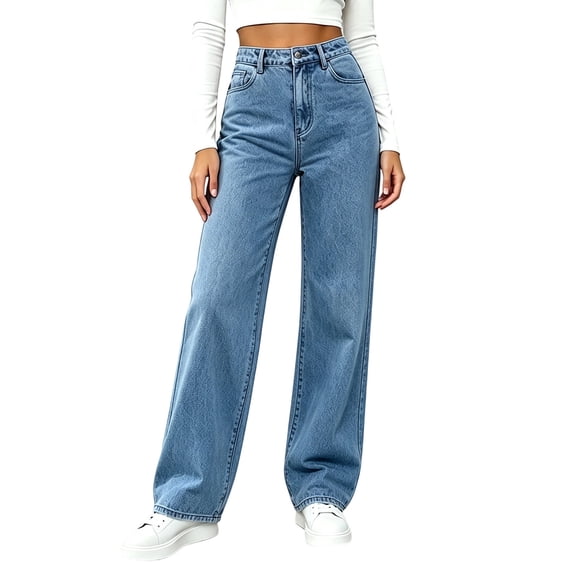 JGTDBPO Wide Leg Jeans for Women High Waist Button Zipper Loose Fit Denim Pants for Trendy Streetwear Fall Winter Blue M