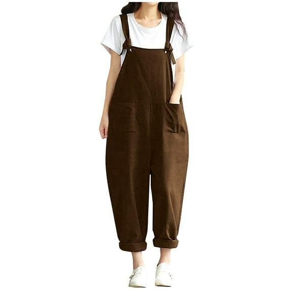 JGTDBPO Wide Leg Overalls For Womens Casual Printed Cotton Linen Baggy Loose Suspender Button Back Strap Pants Jumpsuit Summer Beach Jumpsuits Romper