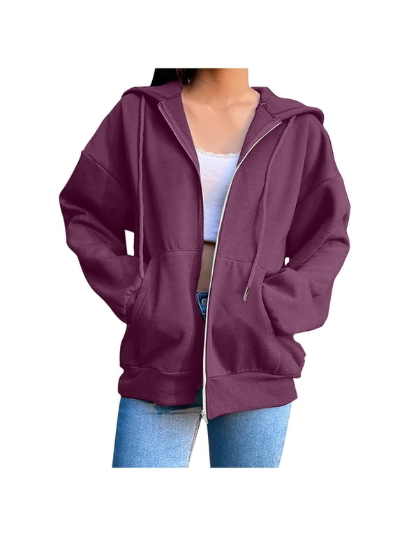 Women's Zip up Hoodie Loose Fit Long Sleeve Coat Casual Hooded Sweatshirt with Pockets Spring Fall Layering Jacket Purple XL