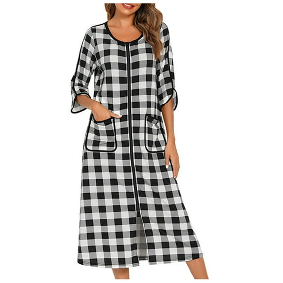 JGTDBPO Zipper Robe 3/4 Sleeves for Woman Front close House Coat Nightgown Loungewear Dress Full Length Sleepwear Housecoat Long Bathrobe with Pockets Loose Pajamas