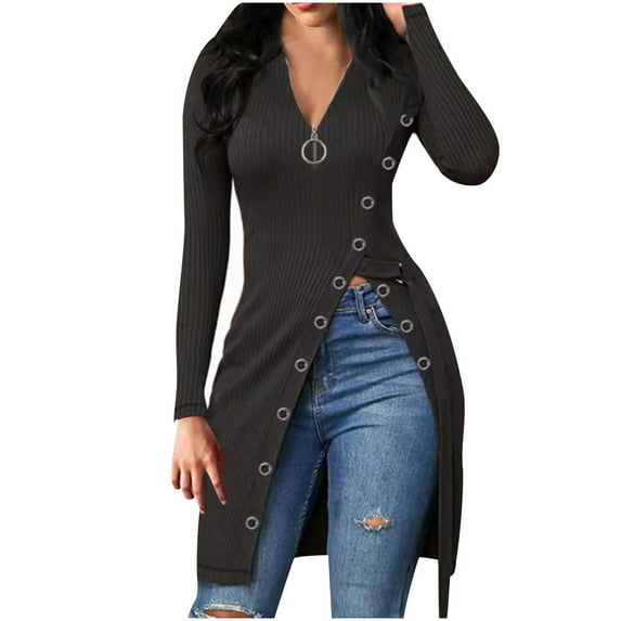 JGTDBPO fall tops for women 2023 Casual ong sleeve solid color slim Fitting Threaded Button high slit mid-calf Bodycon dress
