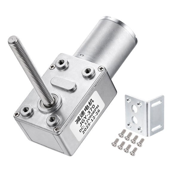 JGY-370 12V 90RPM DC Worm Gear Motor M6 Thread Shaft High Torque Turbine Worm Gear Box Reducer Electric Motor with Fastener L-Shaped Bracket for Ovens, Projectors