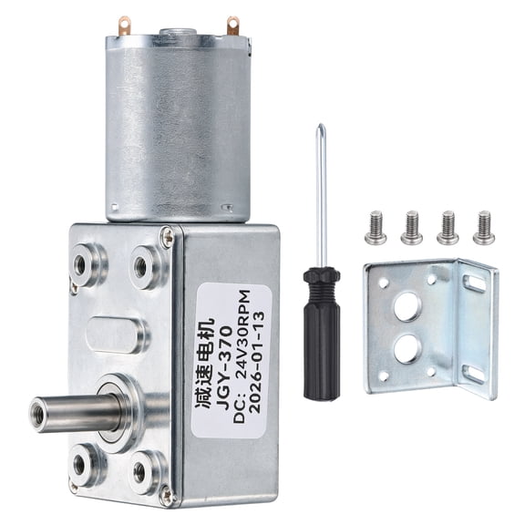 JGY-370 24V 30RPM DC Worm Gear Motor 6mm D Shape Shaft High Torque Turbine Worm Gear Box Reducer Electric Motor with Fastener L-Shaped Bracket for Ovens, Projectors