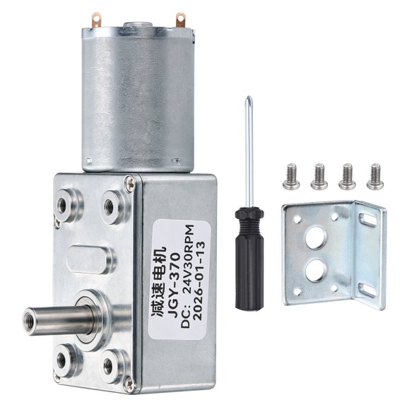 JGY-370 24V 375RPM DC Worm Gear Motor 6mm D Shape Shaft High Torque Turbine Worm Gear Box Reducer Electric Motor with Fastener L-Shaped Bracket for Ovens, Projectors